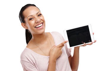 Screen, portrait and woman with tablet mockup on an isolated, transparent png background. Marketing, branding and happy female hold touchscreen technology for product placement or advertising space