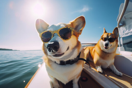 Funny Corgi Dogs wearing sunglasses are taking selfies on a yacht with the sea in the background. Generative AI.