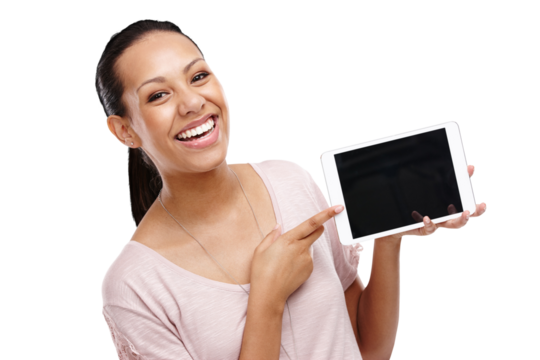 Screen, portrait and woman with tablet mockup on an isolated, transparent png background. Marketing, branding and happy female hold touchscreen technology for product placement or advertising space