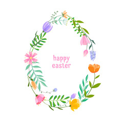 Happy Easter flower egg vector illustration. Trendy Easter design with typography and spring flowers in soft colors for banner, poster, greeting card.