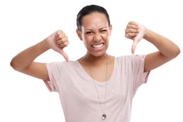 Woman, upset and thumbs down with unhappy expression for disagreement, wrong or fail on an isolated and transparent png background. Portrait of model showing hate, dislike and disapproval or no emoji