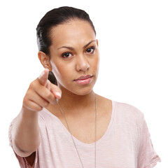 Angry, discipline and portrait of a woman on an isolated and transparent png background scolding or...