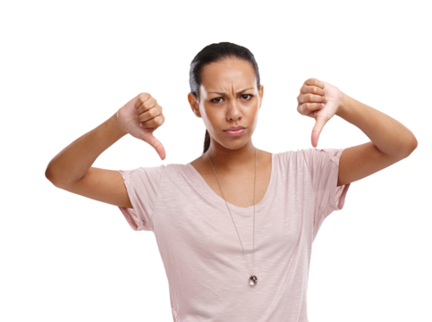 Woman, upset and thumbs down with unhappy expression for disagreement, wrong or fail on an isolated and transparent png background. Portrait of model showing hate, dislike and disapproval or no emoji - Powered by Adobe