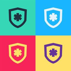 Pop art Life insurance icon isolated on color background. Security, safety, protection, protect concept. Vector