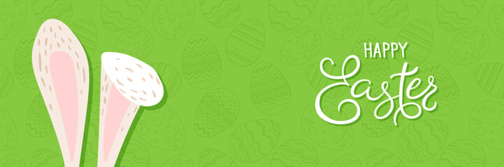 Happy Easter vector illustration on green background. Trendy Easter design with typography, eggs and bunny ears in soft colors for banner, poster, greeting card.