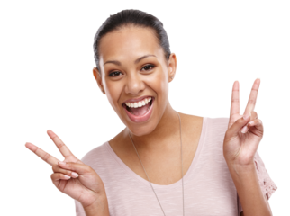 Peace sign, smile and portrait of woman on a isolated and transparent png background for happy, relaxing and positive mindset. Beauty, emoji or face of girl and hand gesture for calm, wellness or zen