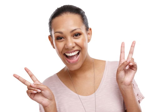 Peace sign, smile and portrait of woman on a isolated and transparent png background for happy, relaxing and positive mindset. Beauty, emoji or face of girl and hand gesture for calm, wellness or zen