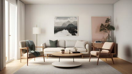 Naklejka na ściany i meble Stylish Living Room Interior with Mockup Frame Poster, Modern interior design, 3D render, 3D illustration