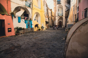 Colorful houses and tiny narrow streets on Procida Island, Italy.