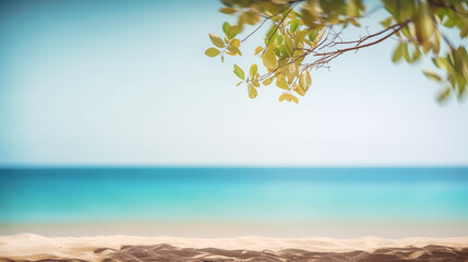 Beautiful Summer exotic sandy beach with blurred tree and sea on background