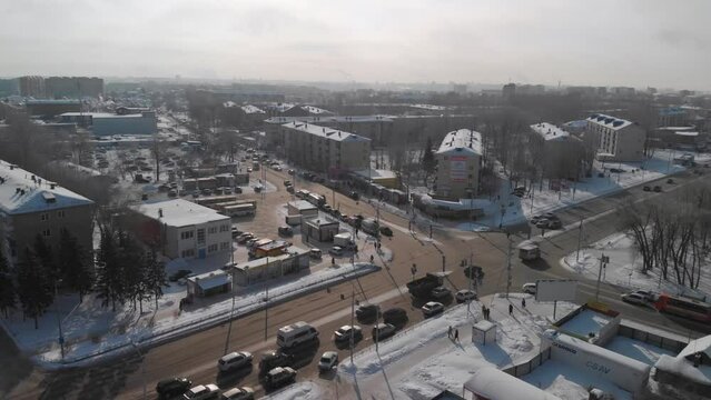omsk flying over winter crossroad in residential district, 21 amur