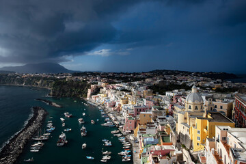 Beautiful fishing village, Marina Corricella on Procida Island, Bay of Naples, Italy.