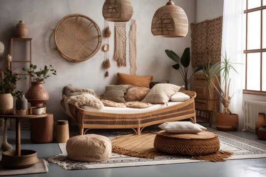 Boho living room with chaise longue, cushions, baskets, paintings, rattan lamp, clothes hanging, and lovely personal accessories. Oriental decor. Generative AI