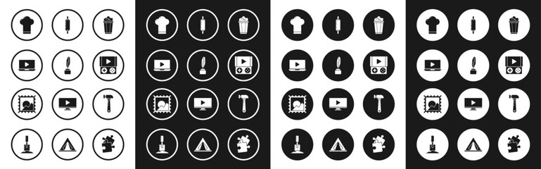 Set Popcorn in cardboard box, Feather and inkwell, Online play video, Chef hat, Portable game console, Rolling pin, Hammer and Picture landscape icon. Vector