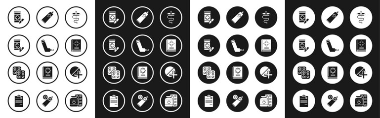 Set Caduceus snake medical symbol, Inhaler, Medicine bottle and pills, Medical book, Ointment cream tube medicine, or tablet and Pills blister pack icon. Vector