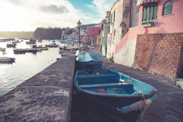 Beautiful fishing village, Marina Corricella on Procida Island, Bay of Naples, Italy.