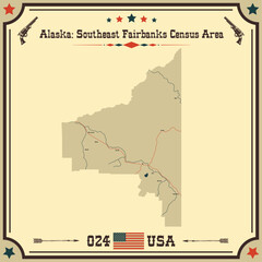 Large and accurate map of Southeast Fairbanks Census Area, Alaska, USA with vintage colors.