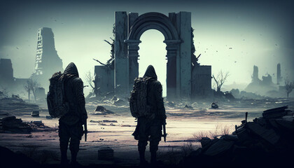 The back view of two soldiers standing in a devastated city. Dystopia/Apocalypse/War image with Generative AI Technology