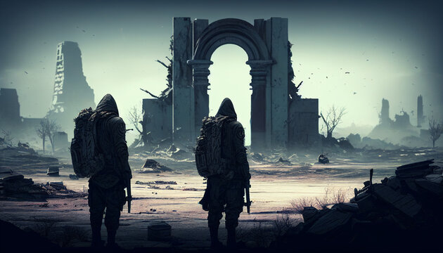 The back view of two soldiers standing in a devastated city. Dystopia/Apocalypse/War image with Generative AI Technology