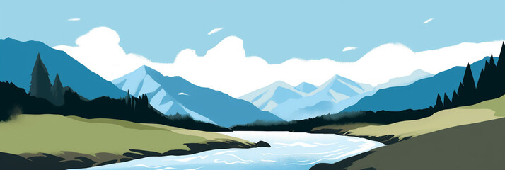 narrow flowing river, bright blue skies, Alpine mountain in background, minimalist drawing style. generative ai