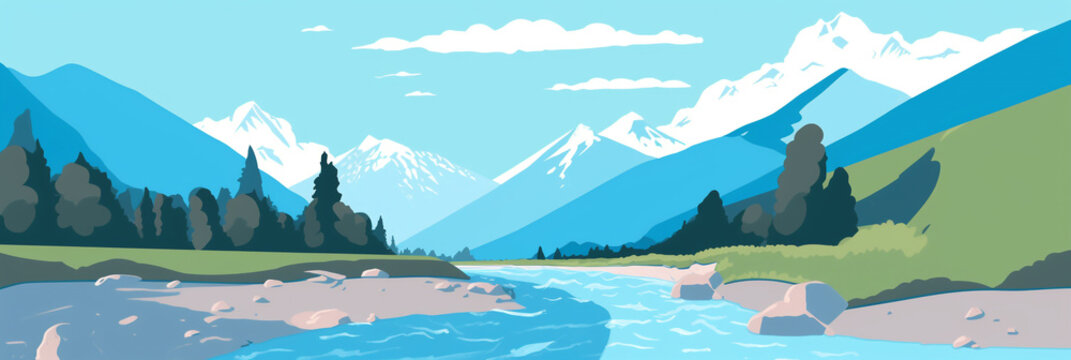 narrow flowing river, bright blue skies, Alpine mountain in background, minimalist drawing style. generative ai © pa-ka