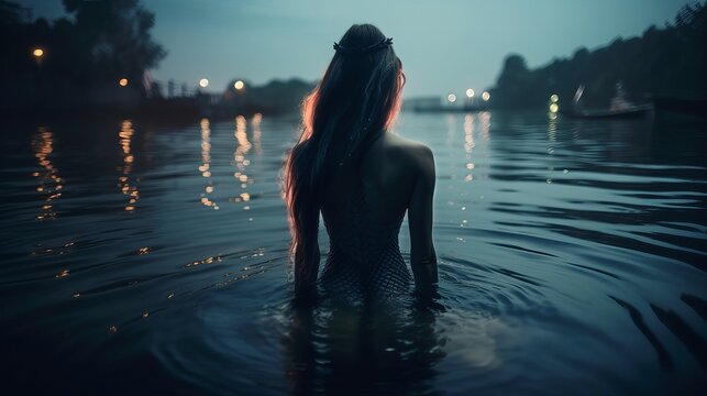 Enchanting mermaid immersed in serene waters. A captivating stock image for your projects. AI Generated