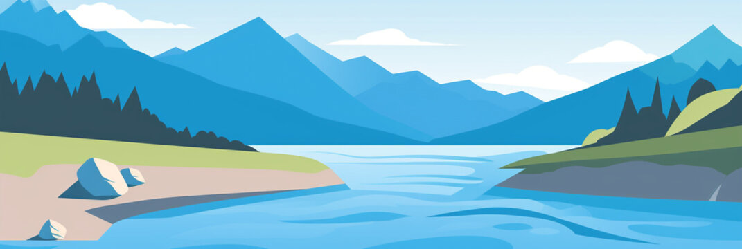 narrow flowing river, bright blue skies, Alpine mountain in background, minimalist drawing style. generative ai © pa-ka