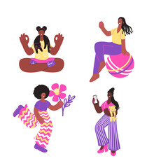 Obraz na płótnie Canvas African girls characters with different activities, a set of vector hand drawn icons 