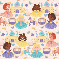 Beautiful princesses and castles, seamless pattern with vector illustrations with fairytale theme  © Hanna Symonovych