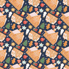 Ginger bread houses, seamless pattern with digital hand drawn illustrations with Christmas theme
