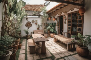 Fototapeta premium Backyard Terrace Boho Airbnb in Canggu Bali Indonesia. Generative AI