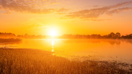 Fototapeta na wymiar Scenic view of beautiful sunrise or dawn above the pond or lake at spring or early summer morning.