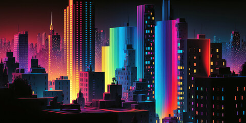Fototapeta na wymiar Rainbow colors city buildings, multicolor skyline. Colorful town and diversity concept. Generative AI