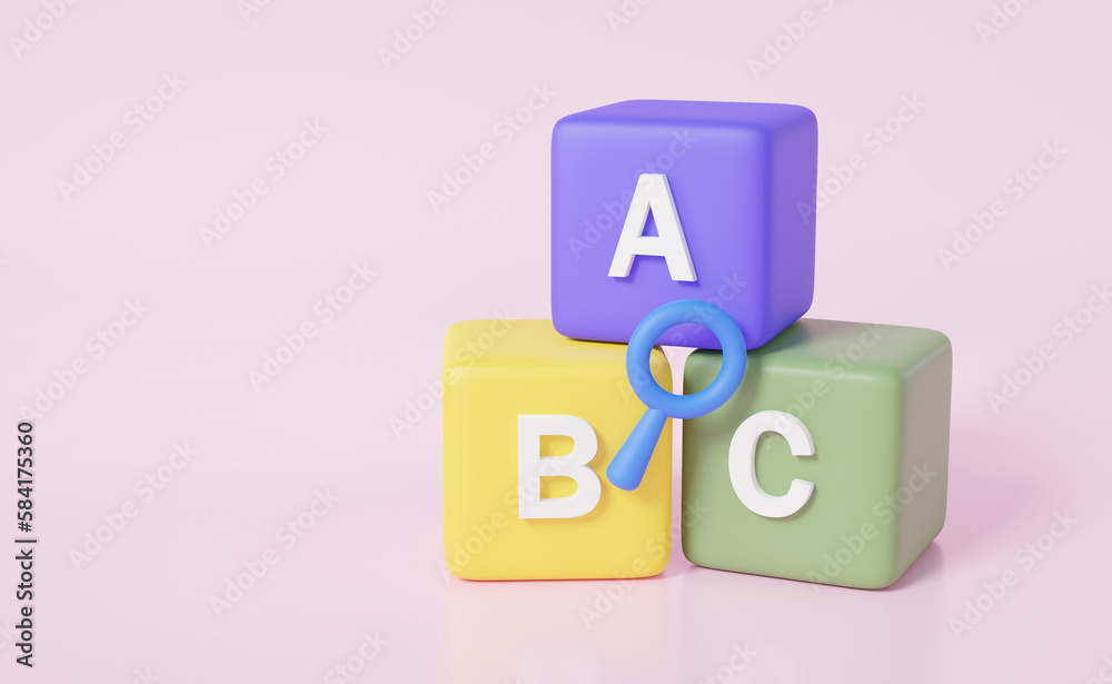 Fototapete stack search knowledge game squared colorful symbols a,b,c blocks on pink background. learning devel