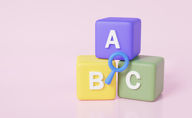 Stack search knowledge game squared colorful symbols A,B,C blocks on pink background. learning development start education evolution baby kid. minimal cartoon style. 3d rendering illustration