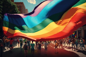 Rainbow colors flag waving over people crowd. LGBT Gay pride concept, Generative AI. - obrazy, fototapety, plakaty