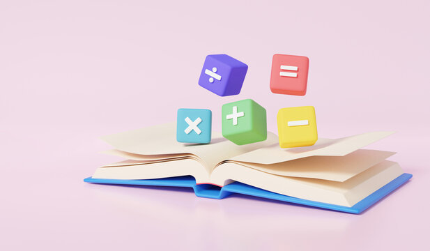 Minimal cartoon open book mathematic learning education concept. basic math operation colorful symbols math, plus, minus, multiplication, number divide. 3d rendering illustration