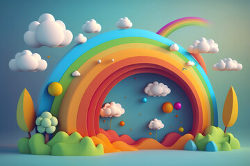 Naklejka premium Colorful rainbow and clouds on blue sky. Cartoon nature landscape, Spring, dream, fairytale. Generative AI