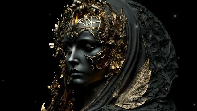  the image of the portrait of the virgin, Virgo, the zodiac sign, gold and black, decorated with Gothic lace and precious stones, a fantasy generated by artificial intelligence