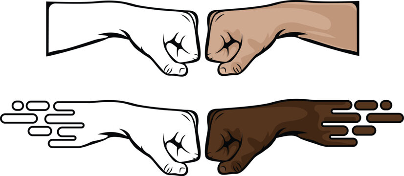 vector fistbump of white and black man showing unity of race and equality. Different styles of the hand arm can also be used as a non-violence posters and activities. Png punch gesture colored