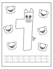 Animals cartoon. Black and white animal lines. Coloring book for kids. Activity Book. Number preschool worksheet.
