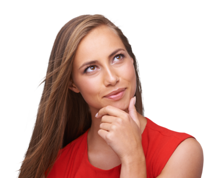 Thinking, pensive and woman thoughtful for planning, wondering and daydreaming. Idea, ponder and female model brainstorming or contemplating on an isolated and transparent png background