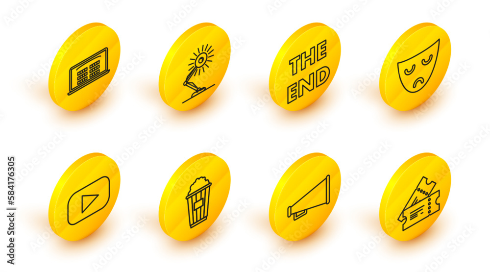 Canvas Prints Set line Cinema ticket, Megaphone, Popcorn cardboard box, Play, Drama theatrical mask, The End handwritten inscription, Table lamp and Buy cinema online icon. Vector