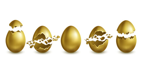 Set of different easter eggs broken, cracked eggs, isolated on white. 