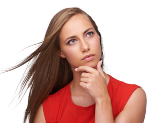 Thinking, ideas and thoughtful woman for planning, wondering and daydreaming on an isolated and transparent png background. Pensive, ponder and female model brainstorming or contemplating