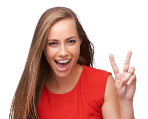 Woman, portrait and peace hand with happiness, smile and beauty on an isolated and transparent png background. Model, happy and peaceful sign with red clothes, fashion and face with laugh