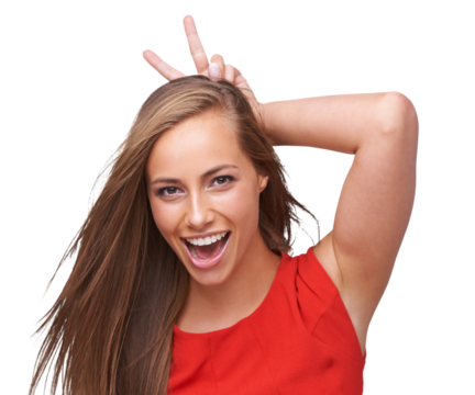 Comic, funny and bunny ears portrait of woman with happy, joyful and cheerful smile on an isolated and transparent png background. Happiness, crazy and face of goofy girl with rabbit gesture