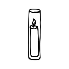burning candle in a long narrow glass - hand drawn doodle. long candle in a glass candlestick vector sketch