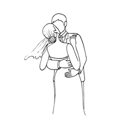 bride in a wedding dress with a veil flying from the wind on her head stands with her back to the viewer, she kisses the groom who hugs her tightly - hand drawn doodle. bride and groom kiss