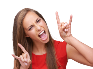 Rock and roll, hands and portrait of woman on an isolated and transparent png background for freedom, energy and heavy metal music. Comic, emoji and face of girl for hand gesture, punk and attitude